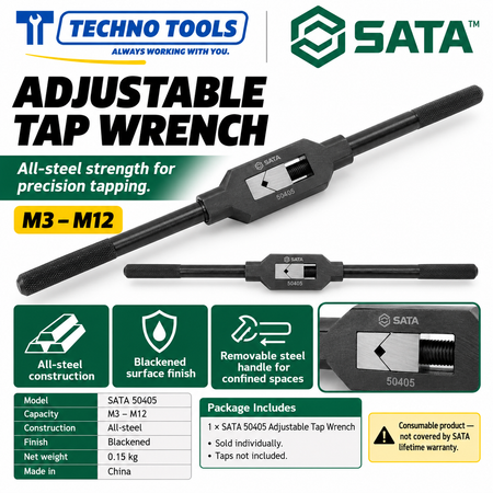 Buy SATA50405-50407 Adjustable Tap Wrenches (M3-M27). All-steel build with removable handle for tight spaces. Sold individually by Techno Tools.