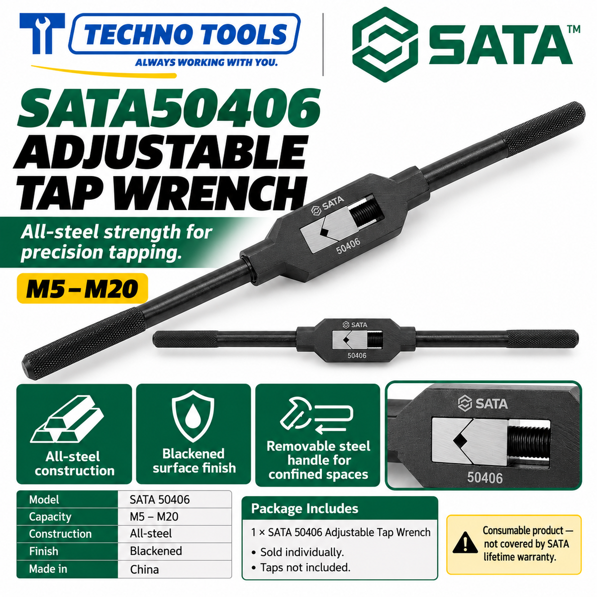 Buy SATA50405-50407 Adjustable Tap Wrenches (M3-M27). All-steel build with removable handle for tight spaces. Sold individually by Techno Tools.