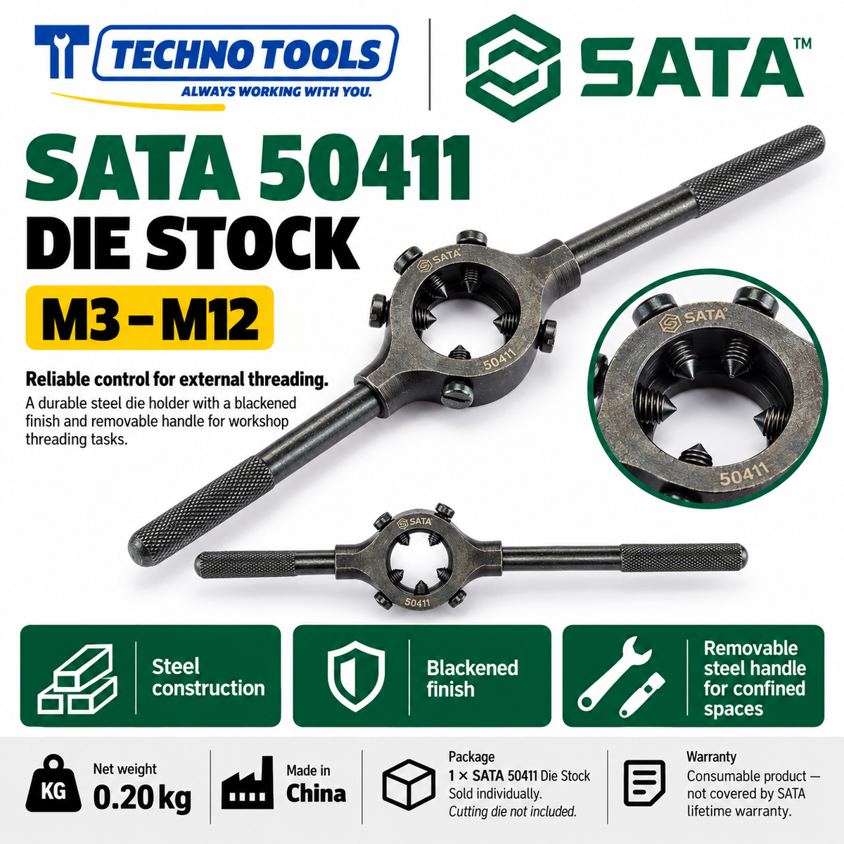 Buy SATA50411 Die Stock M3-M12 by Techno Tools. Durable steel build with blackened surface and removable handle for tight spaces. Sold individually.