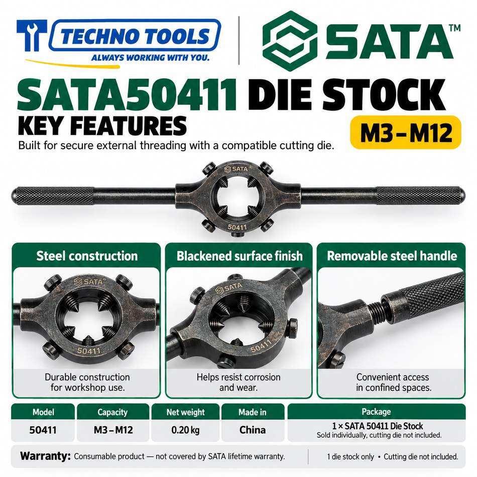 Buy SATA50411 Die Stock M3-M12 by Techno Tools. Durable steel build with blackened surface and removable handle for tight spaces. Sold individually.