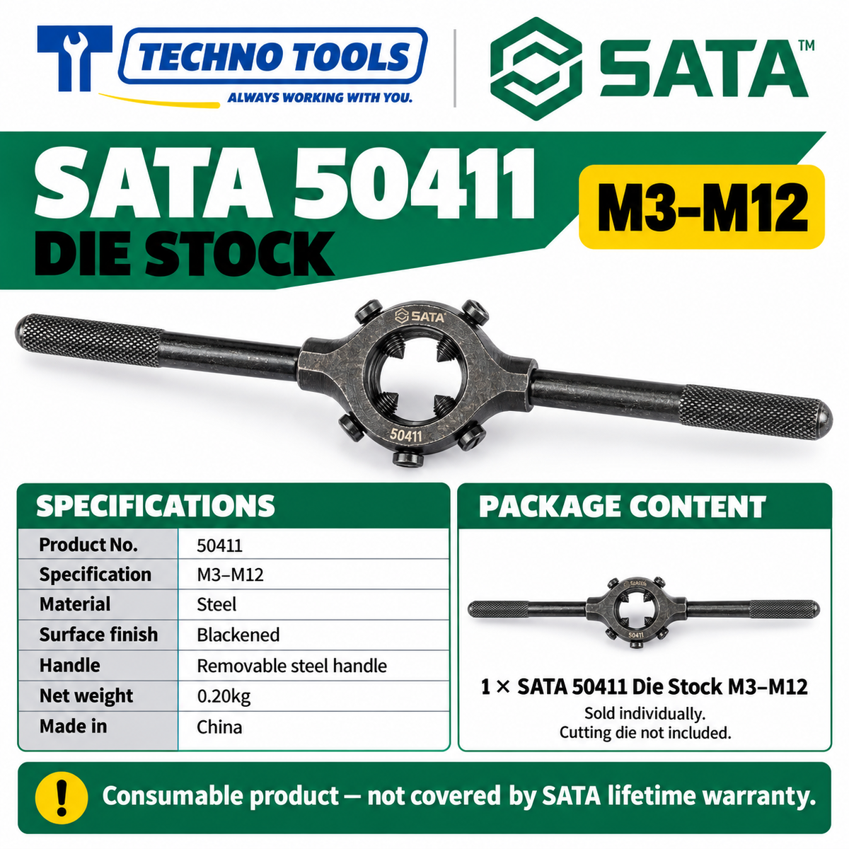 Buy SATA50411 Die Stock M3-M12 by Techno Tools. Durable steel build with blackened surface and removable handle for tight spaces. Sold individually.