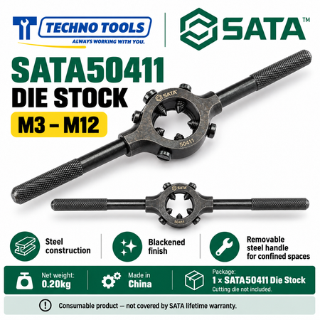 Buy SATA50411 Die Stock M3-M12 by Techno Tools. Durable steel build with blackened surface and removable handle for tight spaces. Sold individually.