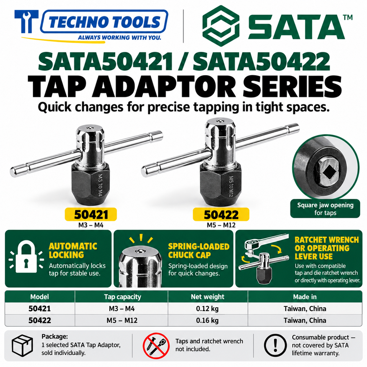 Buy SATA50421-50422 Tap Adaptors (M3-M12). Features automatic locking and spring-loaded chuck cap. Sold individually by Techno Tools.
