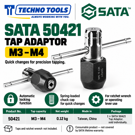 Buy SATA50421-50422 Tap Adaptors (M3-M12). Features automatic locking and spring-loaded chuck cap. Sold individually by Techno Tools.