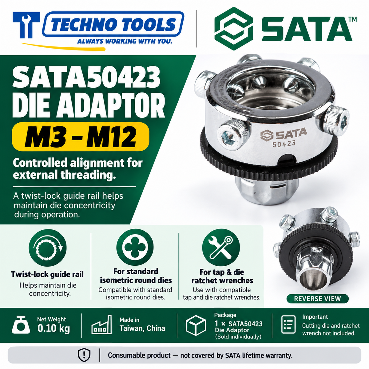 Buy SATA50423 Die Adaptor M3-M12 by Techno Tools. Features twist lock guide rail for accurate concentricity with round dies. Sold individually.