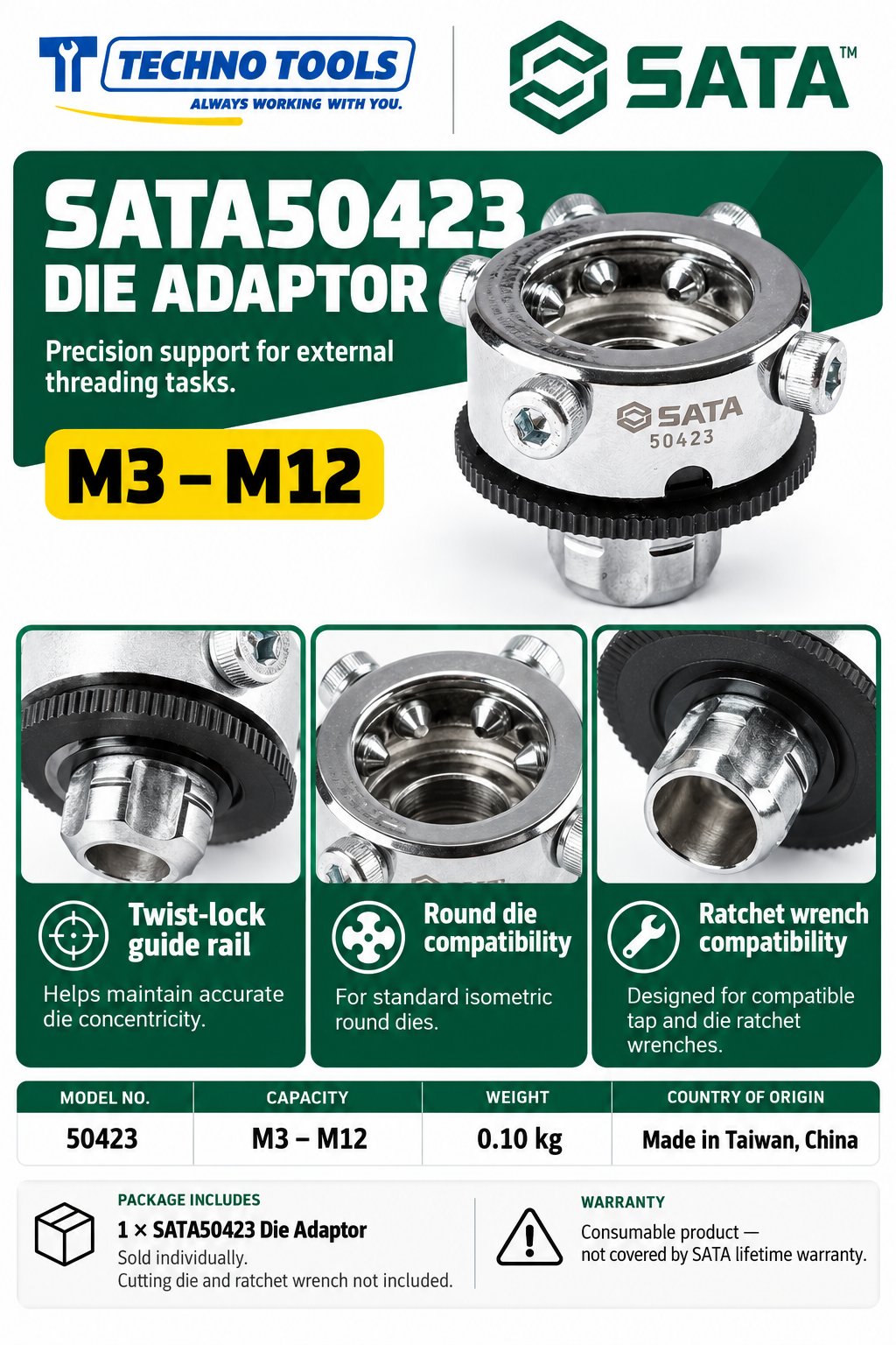 Buy SATA50423 Die Adaptor M3-M12 by Techno Tools. Features twist lock guide rail for accurate concentricity with round dies. Sold individually.