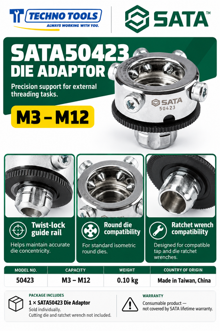 Buy SATA50423 Die Adaptor M3-M12 by Techno Tools. Features twist lock guide rail for accurate concentricity with round dies. Sold individually.