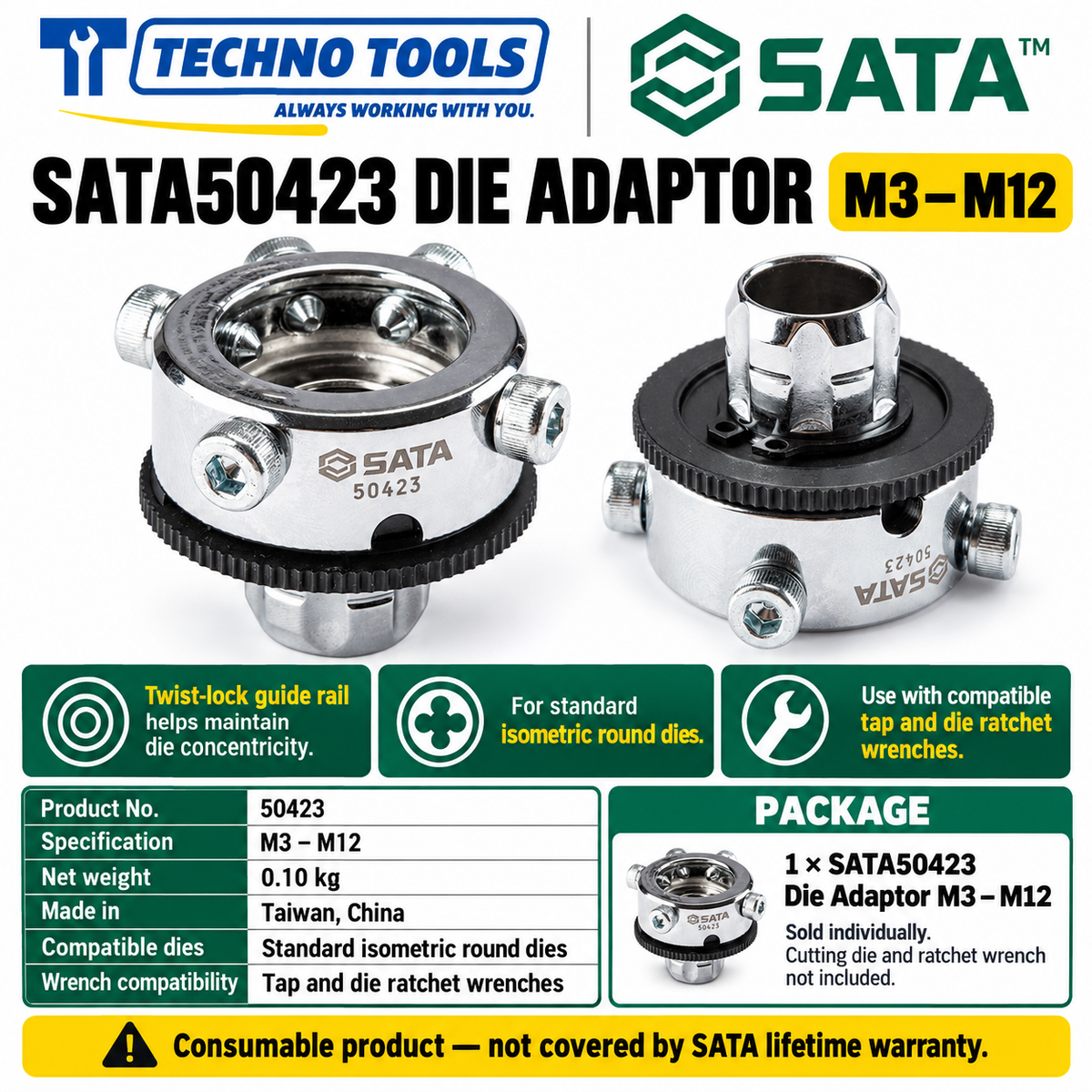 Buy SATA50423 Die Adaptor M3-M12 by Techno Tools. Features twist lock guide rail for accurate concentricity with round dies. Sold individually.