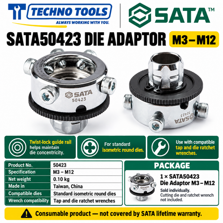 Buy SATA50423 Die Adaptor M3-M12 by Techno Tools. Features twist lock guide rail for accurate concentricity with round dies. Sold individually.