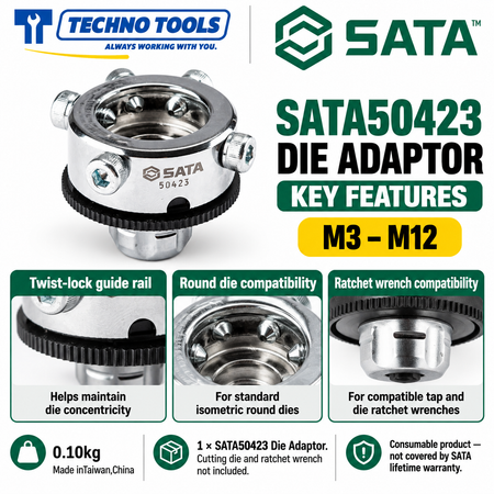 Buy SATA50423 Die Adaptor M3-M12 by Techno Tools. Features twist lock guide rail for accurate concentricity with round dies. Sold individually.