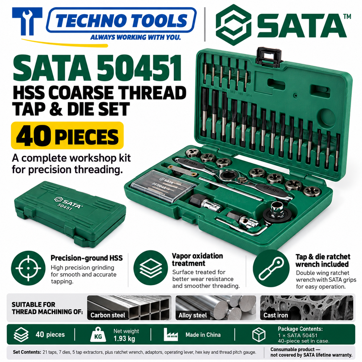 Buy SATA50451 40Pc. HSS Coarse Thread Tap & Die Set by Techno Tools & Equipments. Premium HSS all-ground tools with vapor oxidation finish. Sold individually.