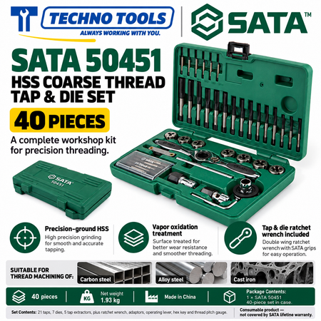 Buy SATA50451 40Pc. HSS Coarse Thread Tap & Die Set by Techno Tools & Equipments. Premium HSS all-ground tools with vapor oxidation finish. Sold individually.
