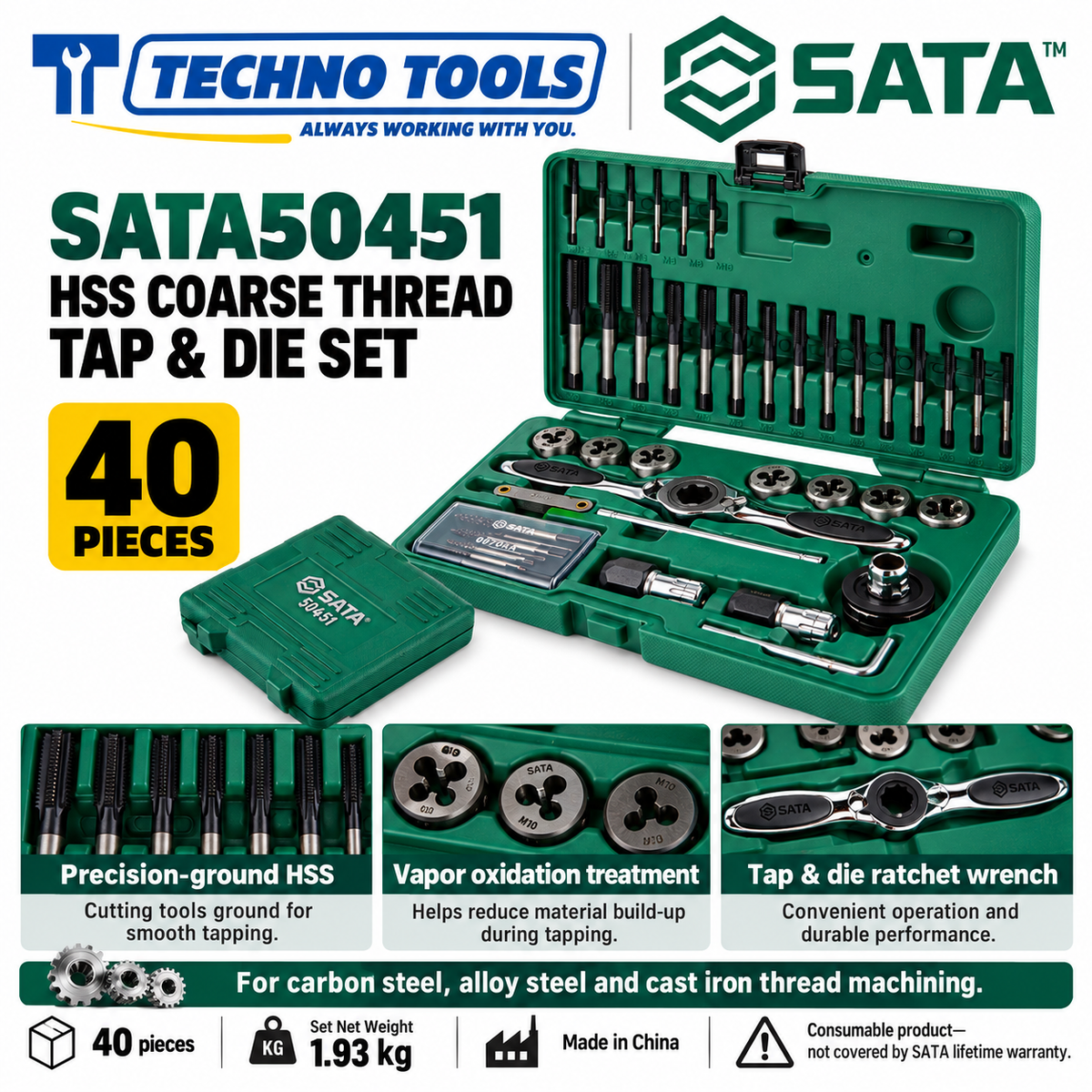 Buy SATA50451 40Pc. HSS Coarse Thread Tap & Die Set by Techno Tools & Equipments. Premium HSS all-ground tools with vapor oxidation finish. Sold individually.