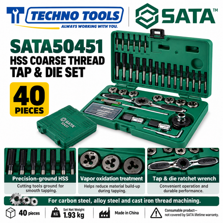 Buy SATA50451 40Pc. HSS Coarse Thread Tap & Die Set by Techno Tools & Equipments. Premium HSS all-ground tools with vapor oxidation finish. Sold individually.