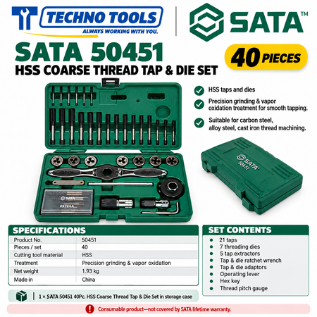 Buy SATA50451 40Pc. HSS Coarse Thread Tap & Die Set by Techno Tools & Equipments. Premium HSS all-ground tools with vapor oxidation finish. Sold individually.