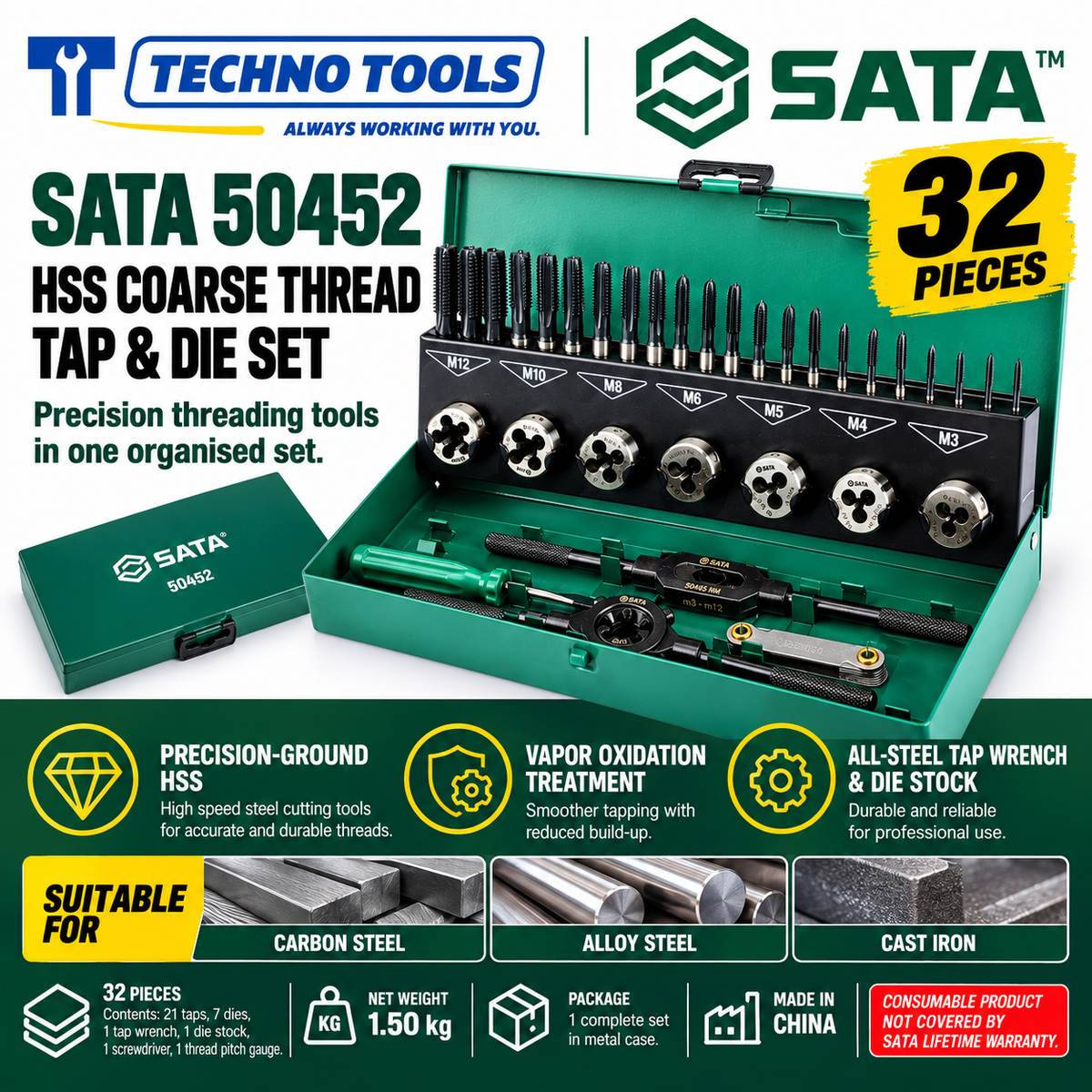 Buy SATA50452 32Pc. HSS Coarse Thread Tap &amp; Die Set by Techno Tools. Premium HSS tooling for precision threading. Sold individually.