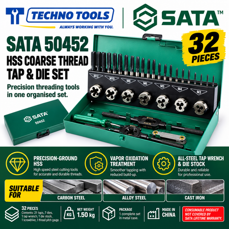 Buy SATA50452 32Pc. HSS Coarse Thread Tap &amp; Die Set by Techno Tools. Premium HSS tooling for precision threading. Sold individually.