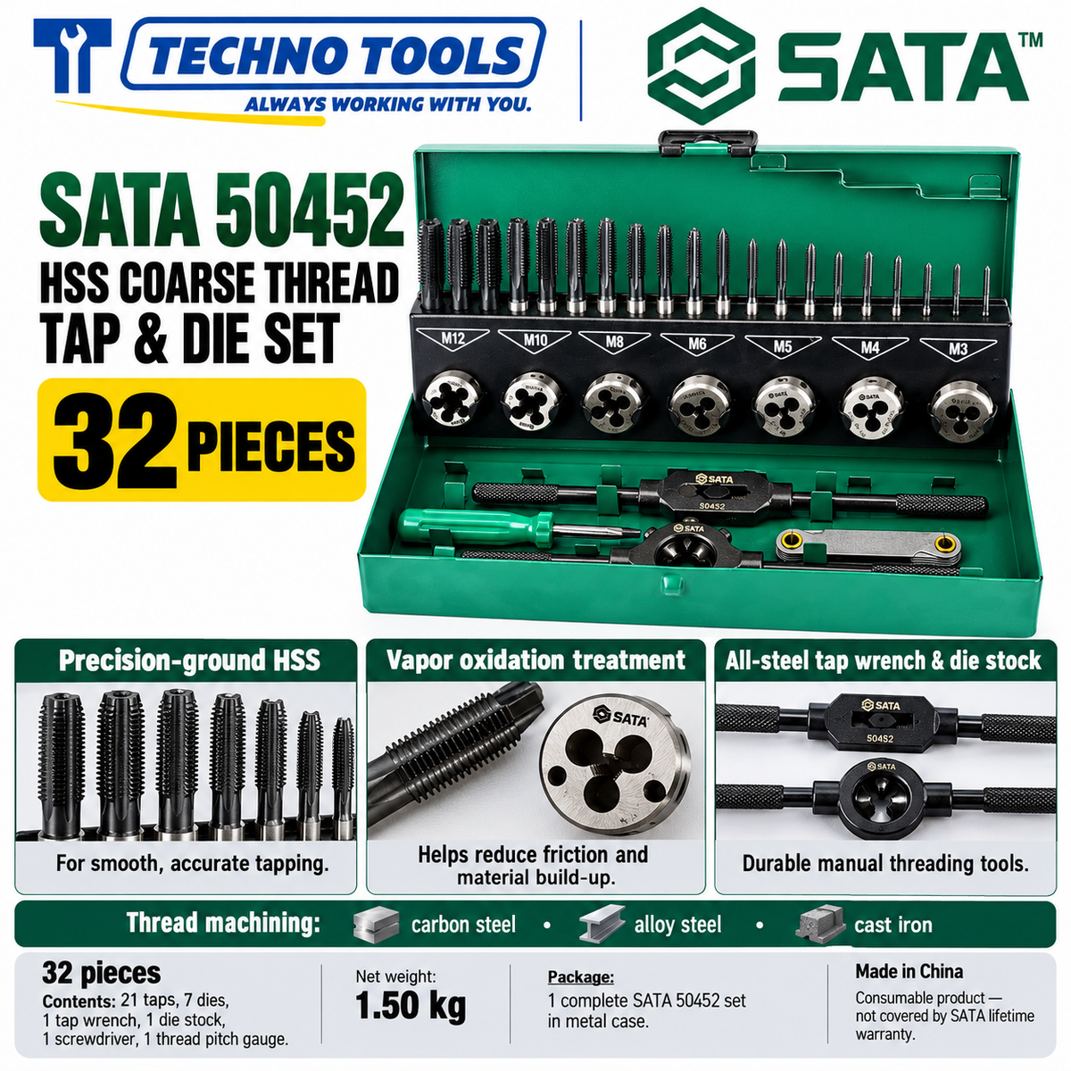 Buy SATA50452 32Pc. HSS Coarse Thread Tap &amp; Die Set by Techno Tools. Premium HSS tooling for precision threading. Sold individually.