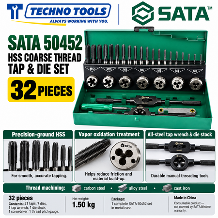 Buy SATA50452 32Pc. HSS Coarse Thread Tap &amp; Die Set by Techno Tools. Premium HSS tooling for precision threading. Sold individually.