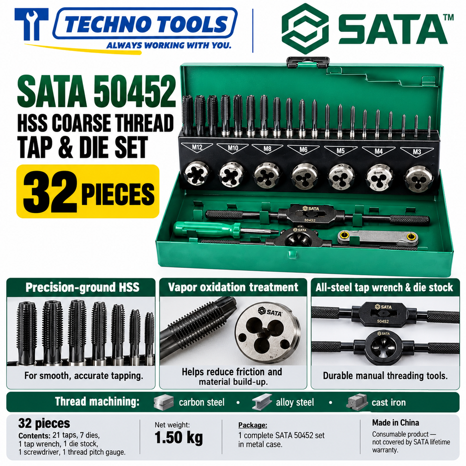 Buy SATA50452 32Pc. HSS Coarse Thread Tap &amp; Die Set by Techno Tools. Premium HSS tooling for precision threading. Sold individually.