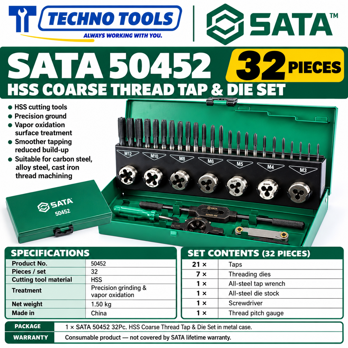 Buy SATA50452 32Pc. HSS Coarse Thread Tap &amp; Die Set by Techno Tools. Premium HSS tooling for precision threading. Sold individually.