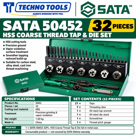 Buy SATA50452 32Pc. HSS Coarse Thread Tap &amp; Die Set by Techno Tools. Premium HSS tooling for precision threading. Sold individually.