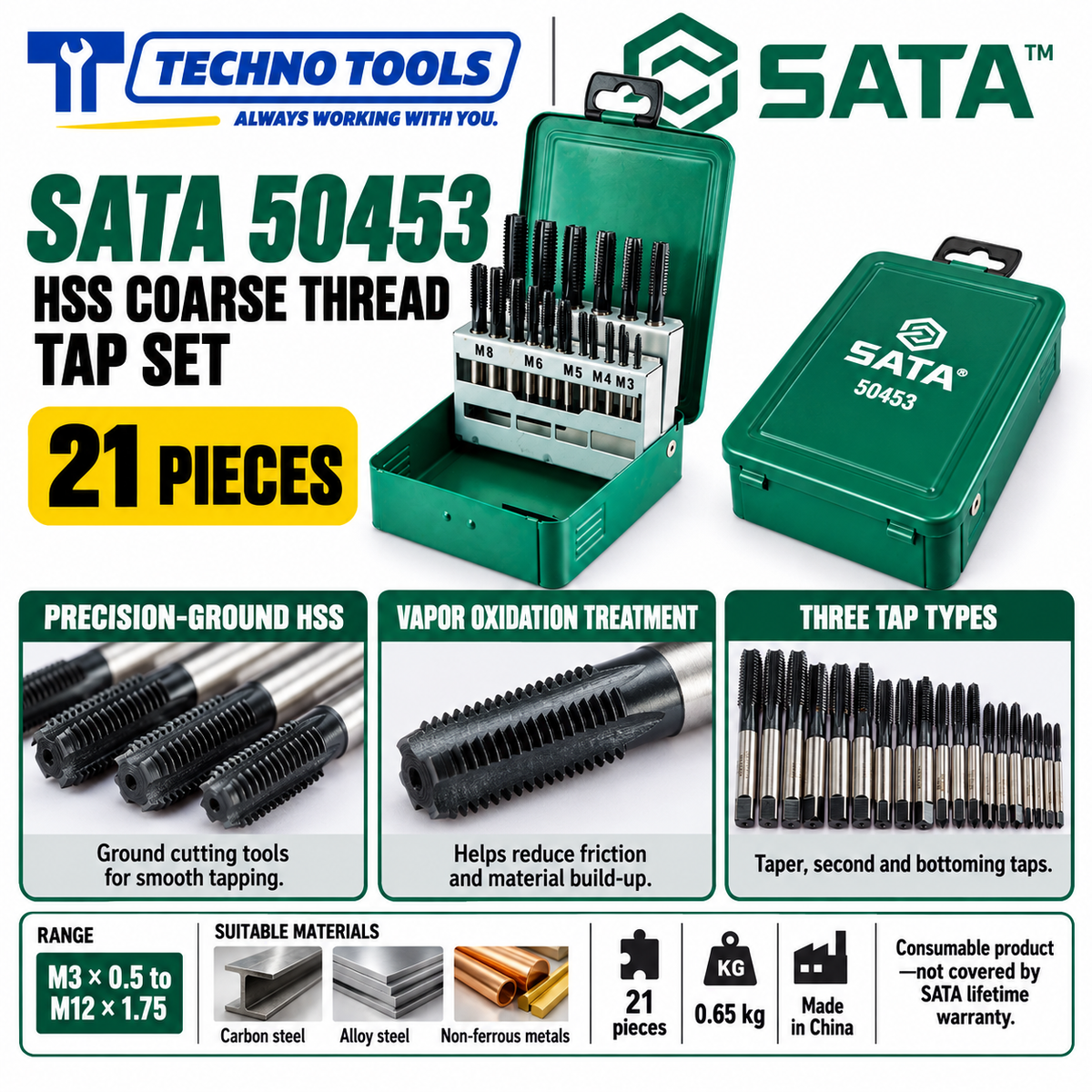 Buy SATA50453 21Pc. HSS Coarse Thread Tap Set by Techno Tools. Premium HSS vapor-oxidized internal threading taps. Sold individually.