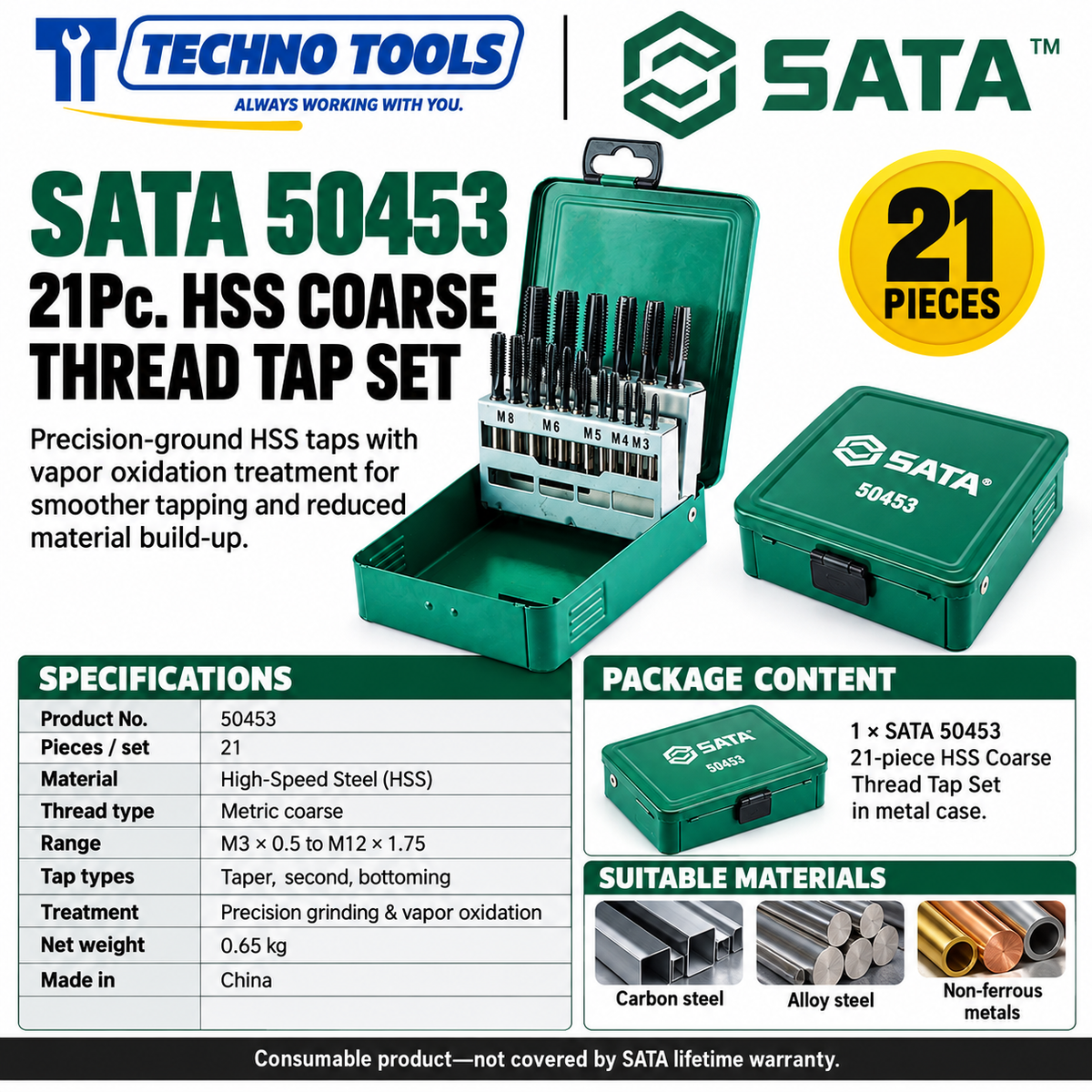 Buy SATA50453 21Pc. HSS Coarse Thread Tap Set by Techno Tools. Premium HSS vapor-oxidized internal threading taps. Sold individually.