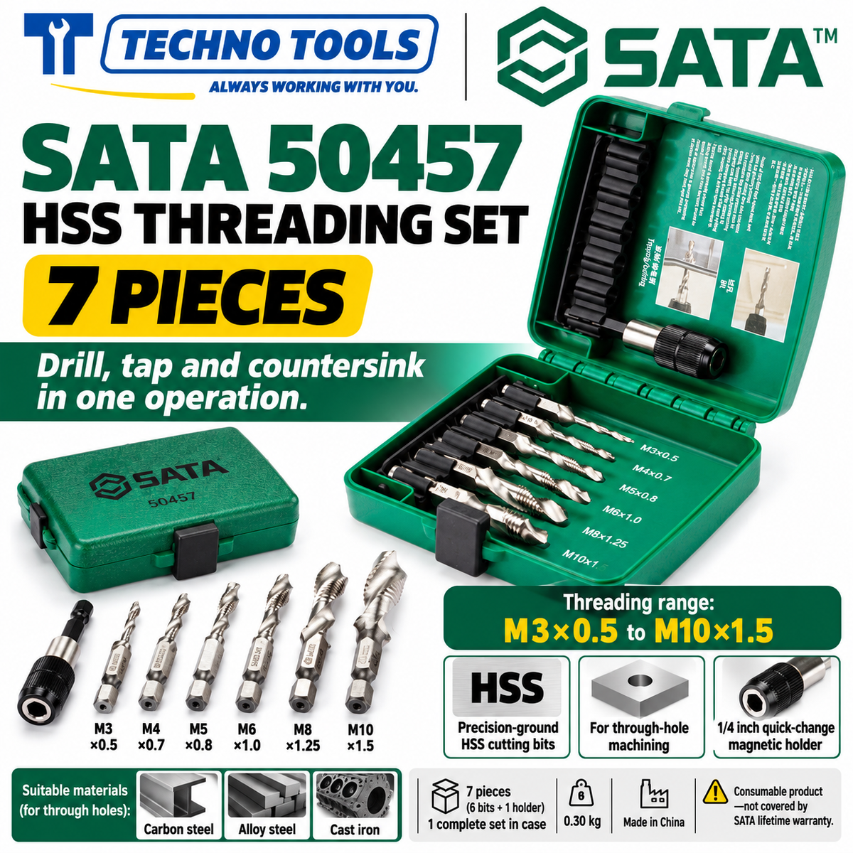 Buy SATA50457 7Pc. Threading Set by Techno Tools. HSS compound tap drill set for drilling, tapping and countersinking in one pass. Sold individually.