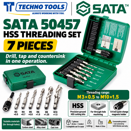 Buy SATA50457 7Pc. Threading Set by Techno Tools. HSS compound tap drill set for drilling, tapping and countersinking in one pass. Sold individually.