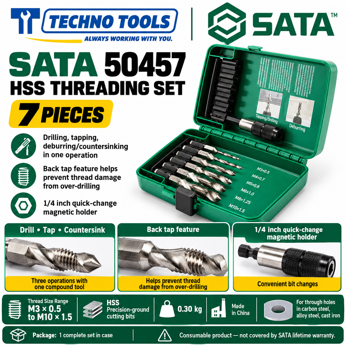 Buy SATA50457 7Pc. Threading Set by Techno Tools. HSS compound tap drill set for drilling, tapping and countersinking in one pass. Sold individually.