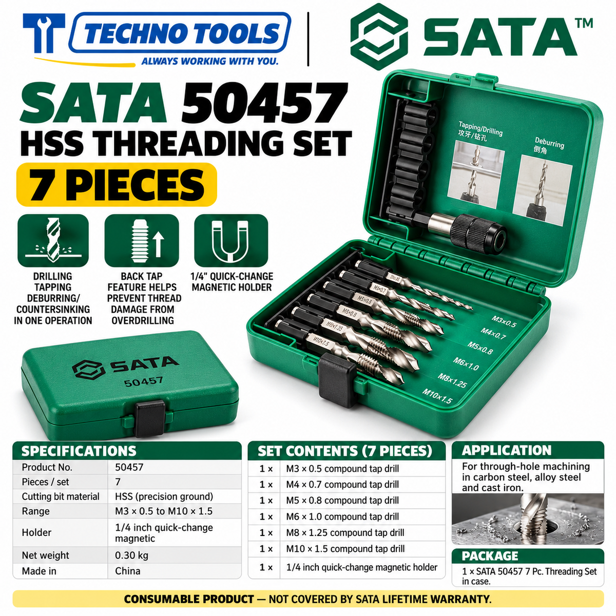Buy SATA50457 7Pc. Threading Set by Techno Tools. HSS compound tap drill set for drilling, tapping and countersinking in one pass. Sold individually.