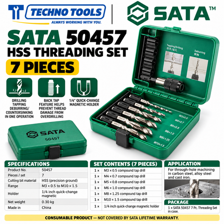 Buy SATA50457 7Pc. Threading Set by Techno Tools. HSS compound tap drill set for drilling, tapping and countersinking in one pass. Sold individually.
