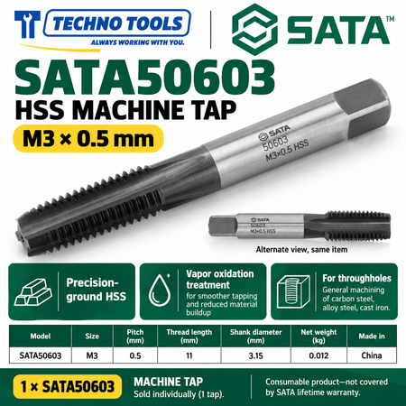 Buy SATA50603-50624 HSS Coarse Thread Machine Taps (M3-M24) by Techno Tools. Premium vapor-oxidized tooling for smooth internal threading. Sold individually.