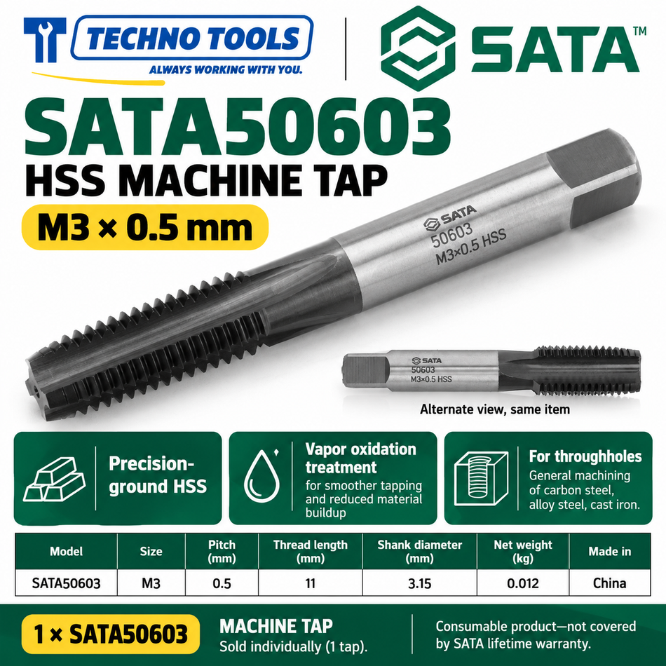 Buy SATA50603-50624 HSS Coarse Thread Machine Taps (M3-M24) by Techno Tools. Premium vapor-oxidized tooling for smooth internal threading. Sold individually.