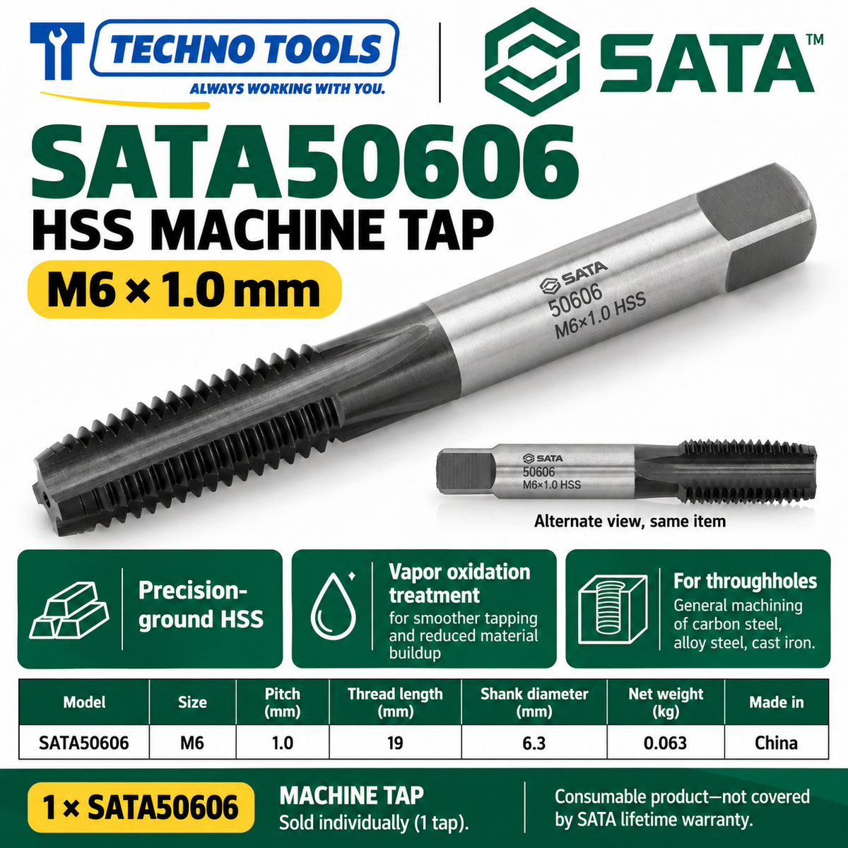 Buy SATA50603-50624 HSS Coarse Thread Machine Taps (M3-M24) by Techno Tools. Premium vapor-oxidized tooling for smooth internal threading. Sold individually.