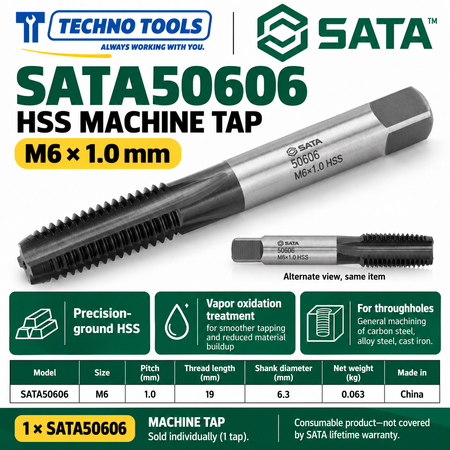 Buy SATA50603-50624 HSS Coarse Thread Machine Taps (M3-M24) by Techno Tools. Premium vapor-oxidized tooling for smooth internal threading. Sold individually.