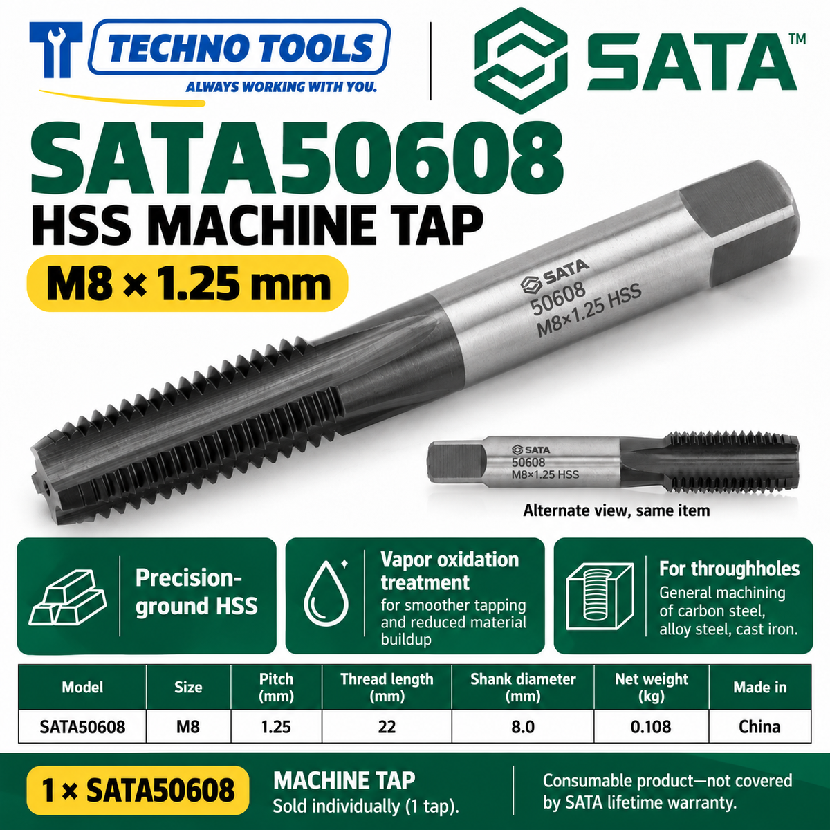 Buy SATA50603-50624 HSS Coarse Thread Machine Taps (M3-M24) by Techno Tools. Premium vapor-oxidized tooling for smooth internal threading. Sold individually.