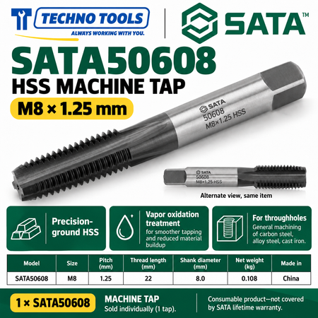 Buy SATA50603-50624 HSS Coarse Thread Machine Taps (M3-M24) by Techno Tools. Premium vapor-oxidized tooling for smooth internal threading. Sold individually.
