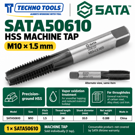 Buy SATA50603-50624 HSS Coarse Thread Machine Taps (M3-M24) by Techno Tools. Premium vapor-oxidized tooling for smooth internal threading. Sold individually.