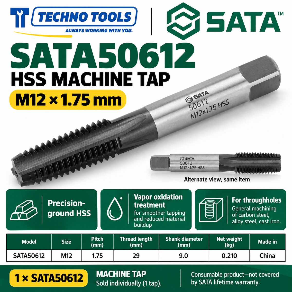 Buy SATA50603-50624 HSS Coarse Thread Machine Taps (M3-M24) by Techno Tools. Premium vapor-oxidized tooling for smooth internal threading. Sold individually.
