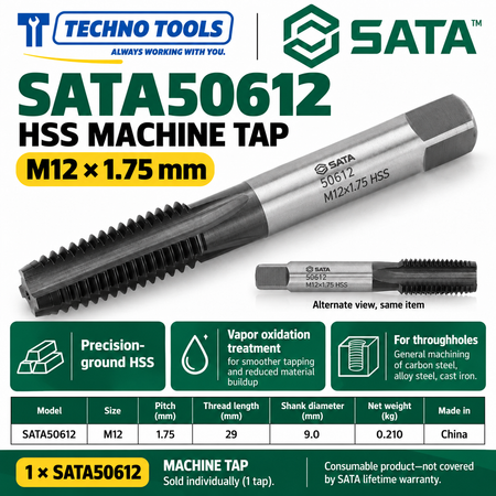 Buy SATA50603-50624 HSS Coarse Thread Machine Taps (M3-M24) by Techno Tools. Premium vapor-oxidized tooling for smooth internal threading. Sold individually.