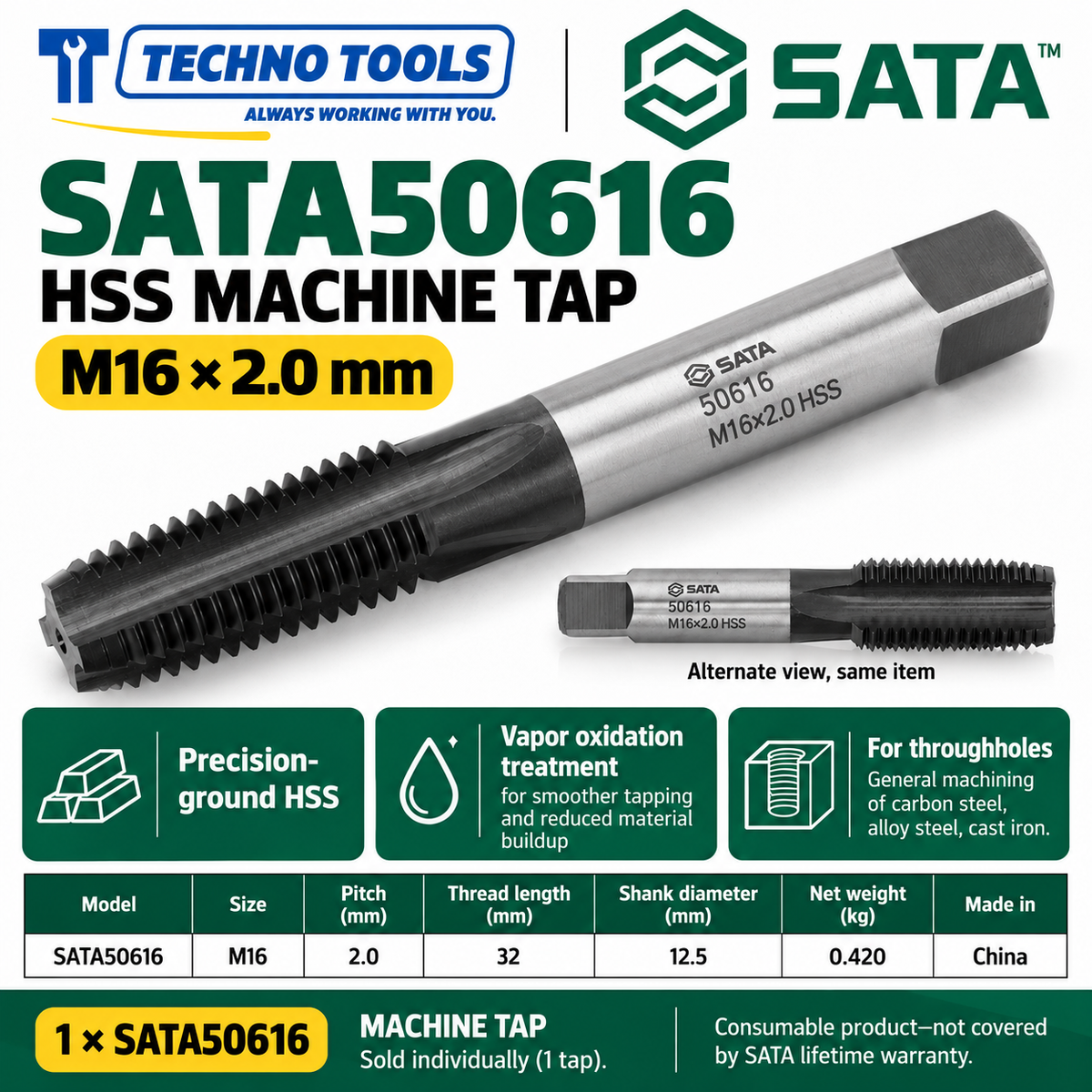 Buy SATA50603-50624 HSS Coarse Thread Machine Taps (M3-M24) by Techno Tools. Premium vapor-oxidized tooling for smooth internal threading. Sold individually.