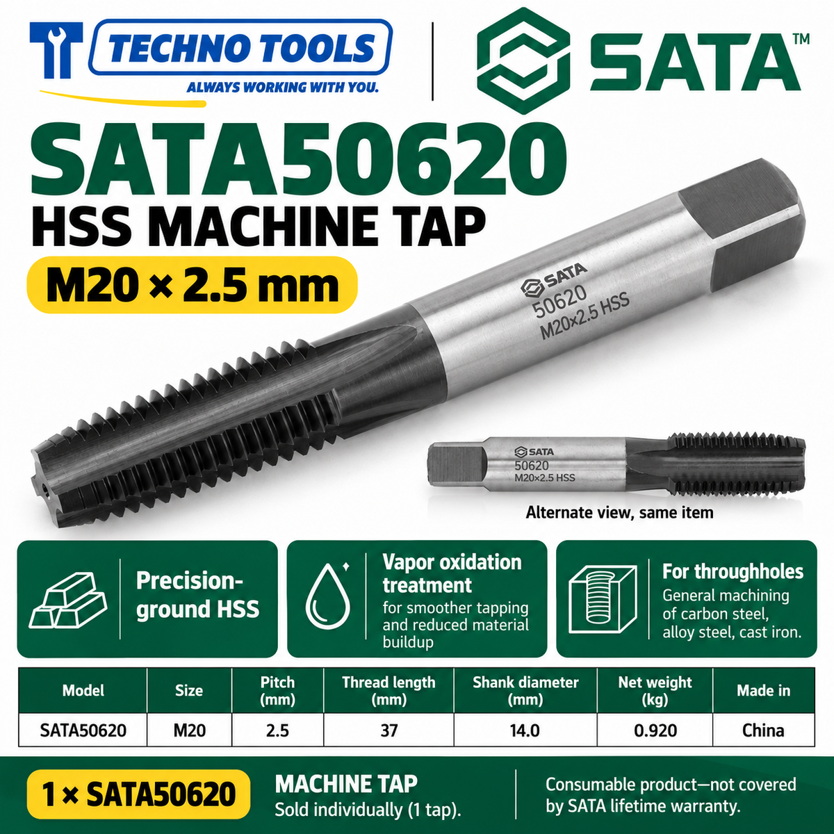 Buy SATA50603-50624 HSS Coarse Thread Machine Taps (M3-M24) by Techno Tools. Premium vapor-oxidized tooling for smooth internal threading. Sold individually.