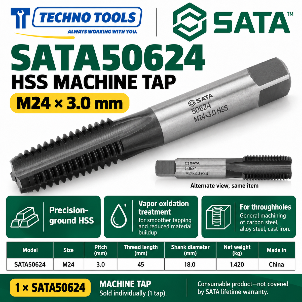 Buy SATA50603-50624 HSS Coarse Thread Machine Taps (M3-M24) by Techno Tools. Premium vapor-oxidized tooling for smooth internal threading. Sold individually.
