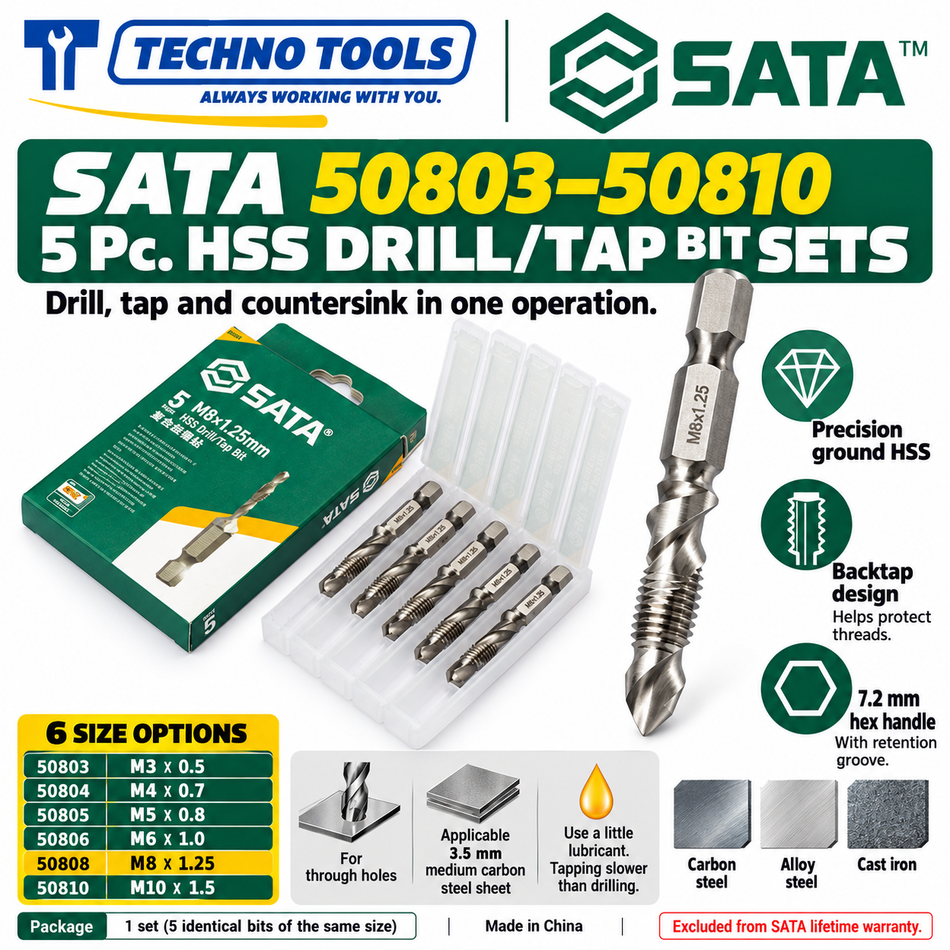 Shop SATA 50803-50810 5Pc. HSS drill/tap bit sets, M3 to M10. Drill, tap and deburr in one operation with back tap. Hex shank.