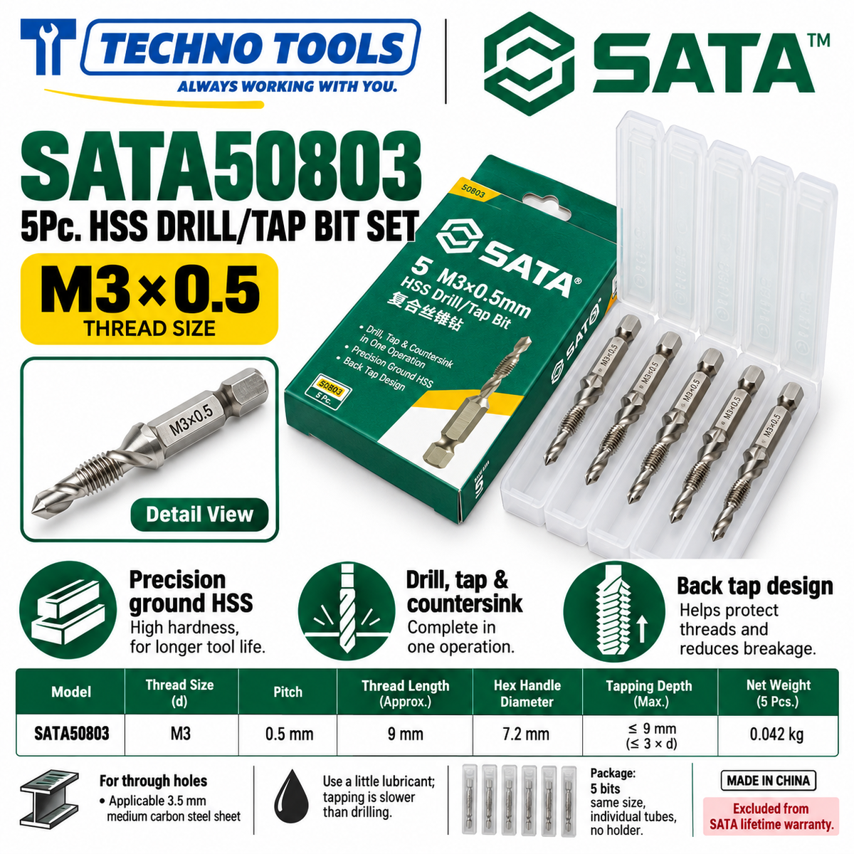 Shop SATA 50803-50810 5Pc. HSS drill/tap bit sets, M3 to M10. Drill, tap and deburr in one operation with back tap. Hex shank.
