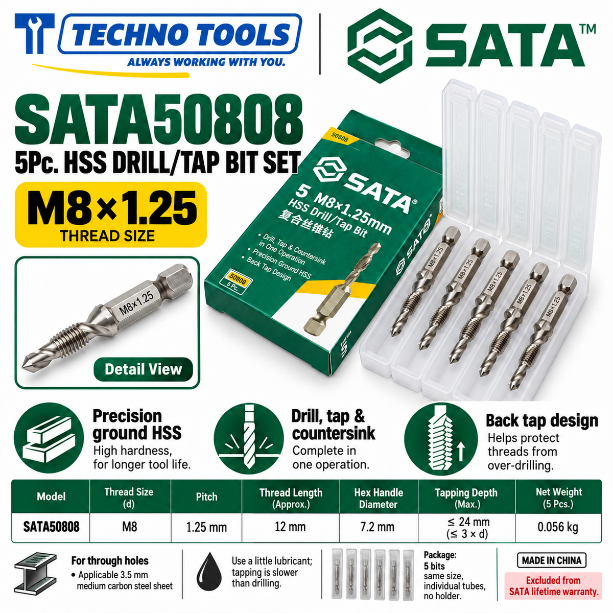 Shop SATA 50803-50810 5Pc. HSS drill/tap bit sets, M3 to M10. Drill, tap and deburr in one operation with back tap. Hex shank.