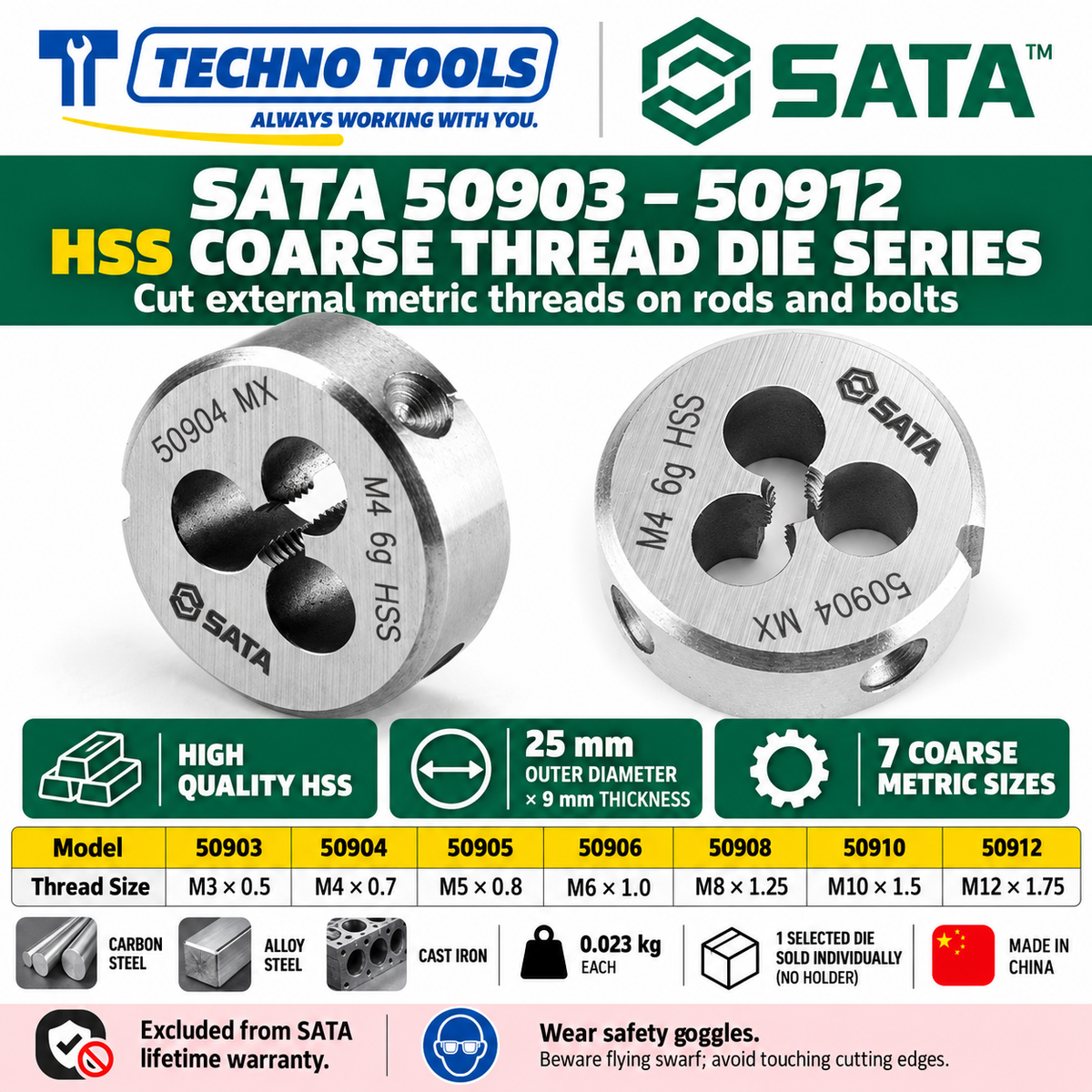 Shop SATA 50903-50912 HSS coarse thread dies, M3 to M12, 25x9mm. Made of high-quality HSS for carbon steel, alloy steel and cast iron.
