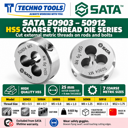 Shop SATA 50903-50912 HSS coarse thread dies, M3 to M12, 25x9mm. Made of high-quality HSS for carbon steel, alloy steel and cast iron.